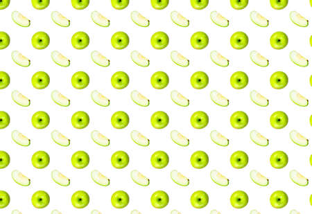 A pattern of a whole green apple and a slice of apple on a white background. Prints, templates.