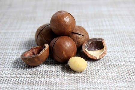 Whole and peeled macadamia nuts on a light surface close-up. Selective shot.
