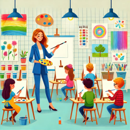 Vector illustration of a teacher teaching children to paint, drawing and paintingの素材