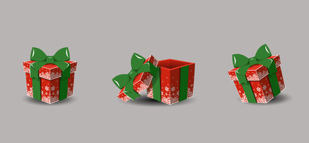 Set of red gift boxes with green bows and ribbons. Vector illustration. A set of Christmas gifts in snowflakes with a bow.のイラスト素材