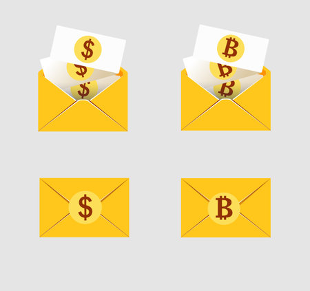 Envelope with dollar and bitcoin icon set. Vector illustration.のイラスト素材