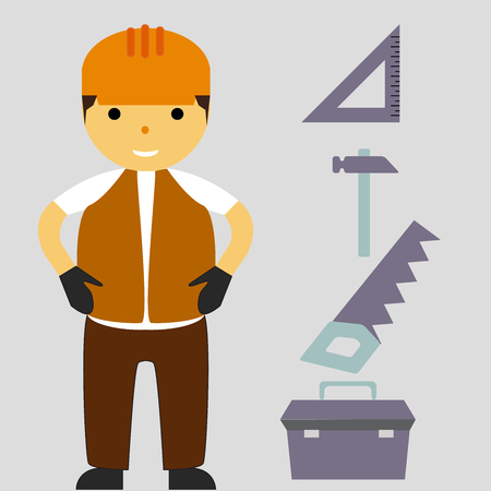 Construction flat icons set with builder. Isolated vector illustrationのイラスト素材
