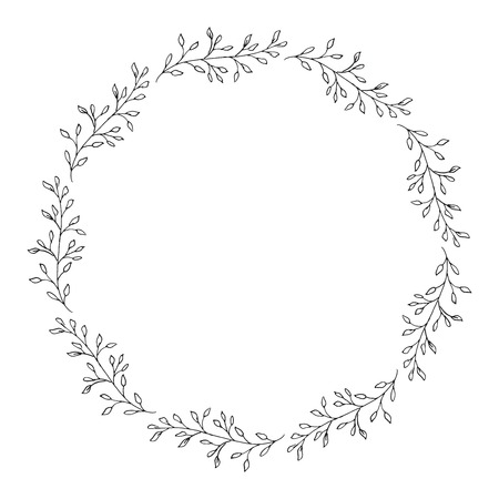 Hand drawn wreath made in vector. Leaves and flowers garlands. Romantic floral design element.のイラスト素材