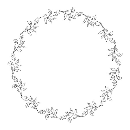 Hand drawn wreath made in vector. Leaves and flowers garlands. Romantic floral design element.のイラスト素材