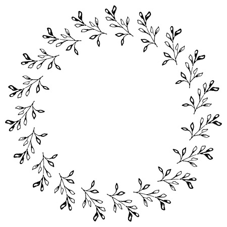 Hand drawn wreath made in vector. Leaves and flowers garlands. Romantic floral design element.のイラスト素材