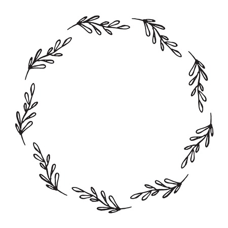 Hand drawn wreath made in vector. Leaves and flowers garlands. Romantic floral design element.のイラスト素材