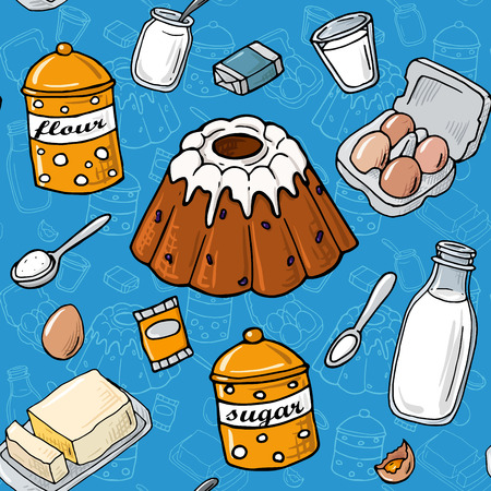 Seamless pattern. Easter cake ingredient. Set of vector elements: milk, flour, eggs, sugar, butter, yeast, cheese. Cartoon illustrationのイラスト素材