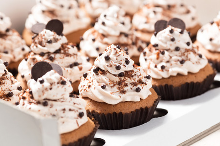 Coffee cupcakes with mocha buttercream and chocolate decorationsの写真素材