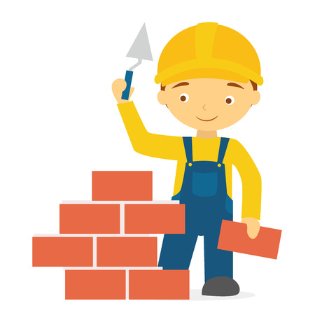 Cartoon smiling builder in uniform brick.のイラスト素材