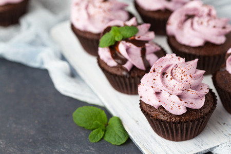 Chocolate cupcake with blueberry cheese creamの写真素材