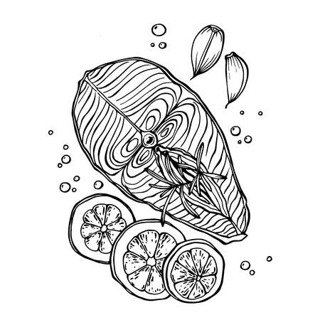Hand drawn vector sketch. Healthy seafood. Trout fillet.のイラスト素材