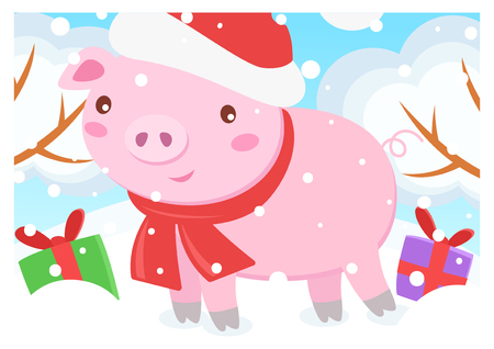 Christmas hat with gift boxes. Snowy winter background. New year 2019. Vector illustration for kidsのイラスト素材