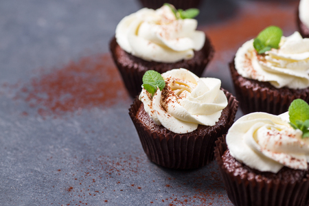 Chocolate cupcakes with cheese and mint on a dark backgroundの写真素材