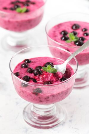 Homemade yogurt with black currants. Summer healthy dessert in glass bowlsの写真素材