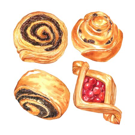 Hand drawn sweet buns with berries, raisins and chocolate. Watercolor collection pf pastry isolated on a whiteの写真素材