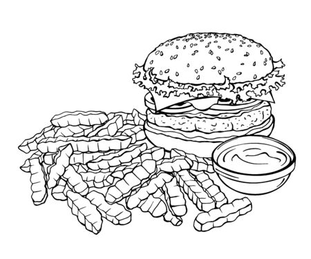 Vector sketch of burger and french fries. Fast foodのイラスト素材