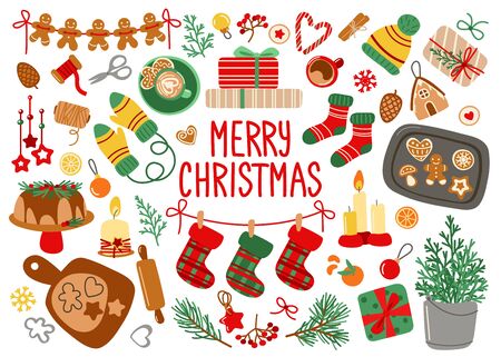 Merry Christmas Vector cartoon set with ginger bread and decorationsのイラスト素材