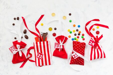 Christmas background. Candy bags for advent calendarの写真素材