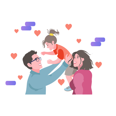 Father, mother, and daughter. Father holds daughter.Loving family. Vector illustration in cartoon styleのイラスト素材