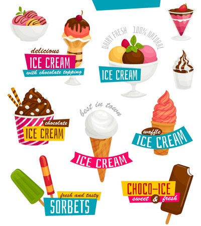 Ice-cream labels collection. Badge set with ice-cream icons. Cartoon illustrationのイラスト素材