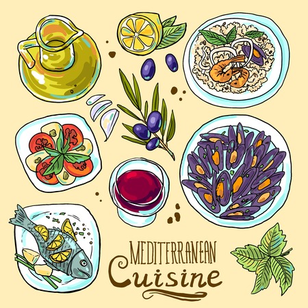 set of mediterranean foodのイラスト素材