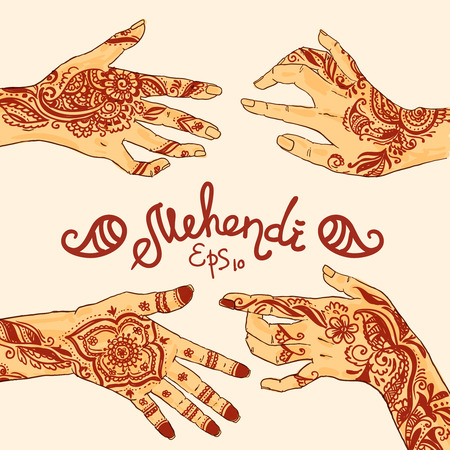 Beautiful hand drawn illustration mehendi on women's handsのイラスト素材