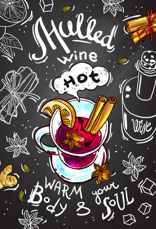 postcard mulled wine in the chalkboard background.のイラスト素材