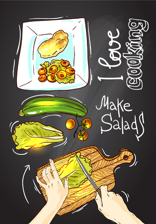 Beautiful hand drawn illustration I love cooking. Food top viewのイラスト素材