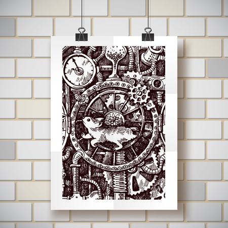 Beautiful hand drawn sketch steampunk mechanism. Time machine.のイラスト素材