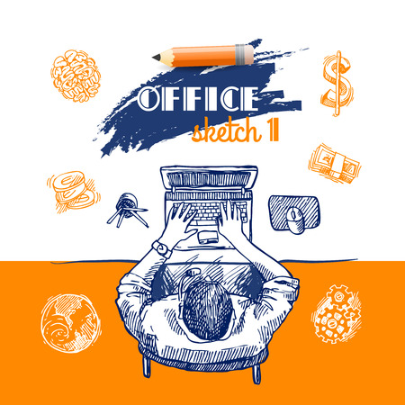Hand drawn sketch of people in the office. Top view.のイラスト素材