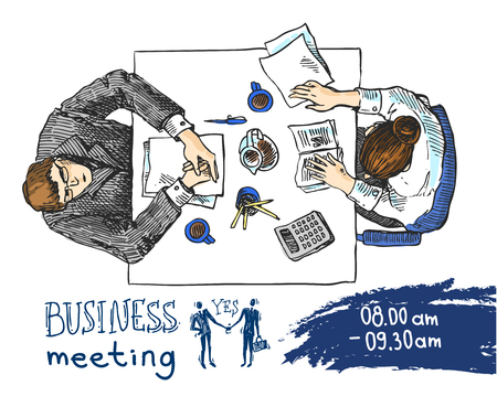 Hand drawn sketch of people in the office. Top view.のイラスト素材