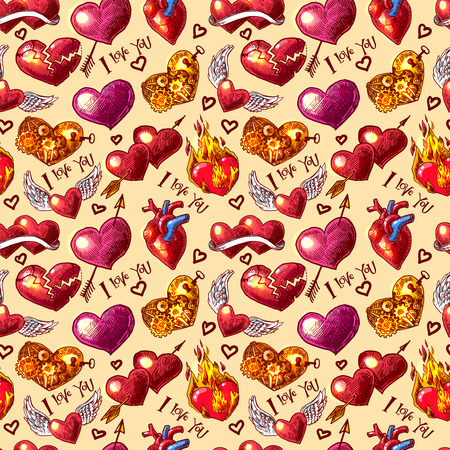 seamless pattern hand- drawn beautiful sketch heartsのイラスト素材
