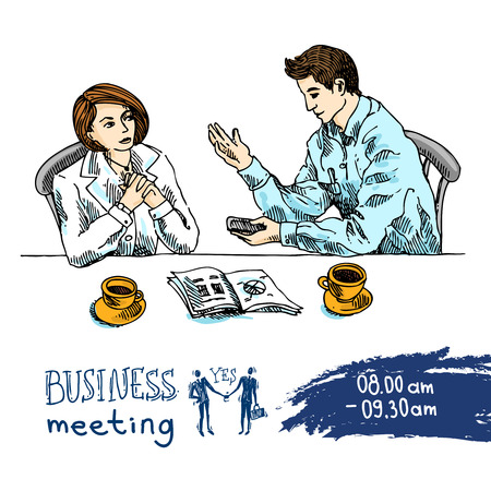 Man and woman in the business suit say about business. Sketch vector illustration.のイラスト素材