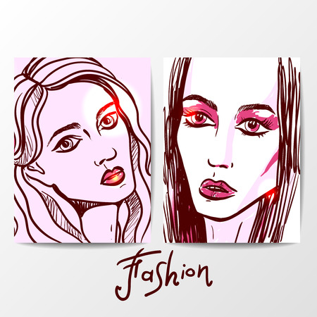 Beautiful hand drawn sketch vector fashion portrait of girl. Face of fashion girl. Hand drawn fashion illustration.のイラスト素材