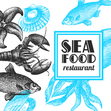 Beautiful hand drawn vector illustration sea food. Sea food engraving  style. Seafood menu.のイラスト素材