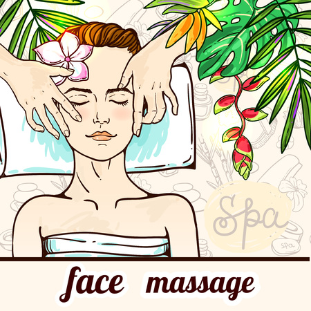 Beautiful hand drawn vector illustration spa salon. Spa woman waiting spa massage her face.のイラスト素材