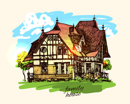 Beautiful hand drawn vector illustration country house. Sketch style house. Sketch house for your design.のイラスト素材
