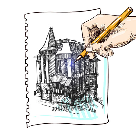 Beautiful hand drawn vector illustration country house. Sketch style house. Sketch house for your design.のイラスト素材