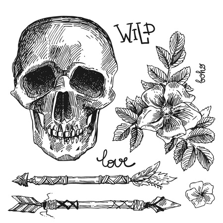 Beautiful hand drawn illustration boho flowers, skull, arrows. Elements for boho-style  wedding invitations. Decorative floral illustration with flowers and skull.のイラスト素材
