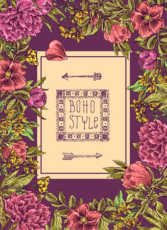 Beautiful hand drawn illustration floral banner. Flowers boho style. Floral boho frame.のイラスト素材