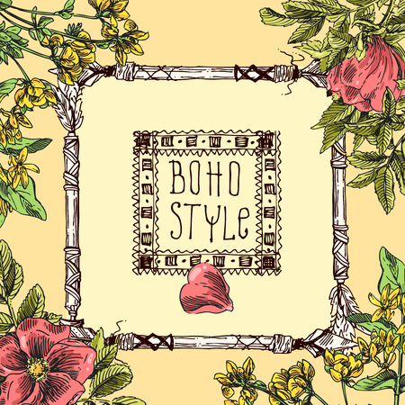 Beautiful hand drawn illustration floral banner. Flowers boho style. Floral boho frame.のイラスト素材