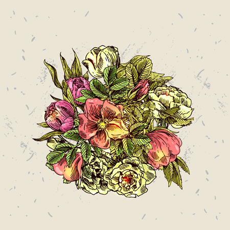 Beautiful hand drawn illustration boho flowers. Flowers for boho-style  wedding invitations. Decorative floral illustration with flowers of roses and jasmine.のイラスト素材