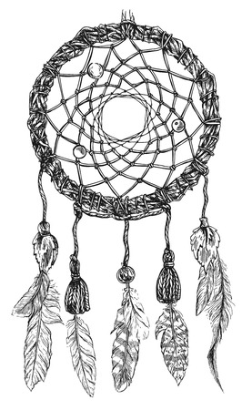 Beautiful hand drawn illustration dreamcatcher. Boho style dreamcatcher. Sketch style feathers.のイラスト素材