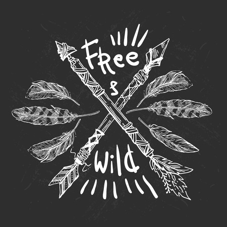 Beautiful hand drawn illustration with crossed ethnic arrows, feathers . Boho and hippie style. American indian motifs. Wild and Free poster.のイラスト素材