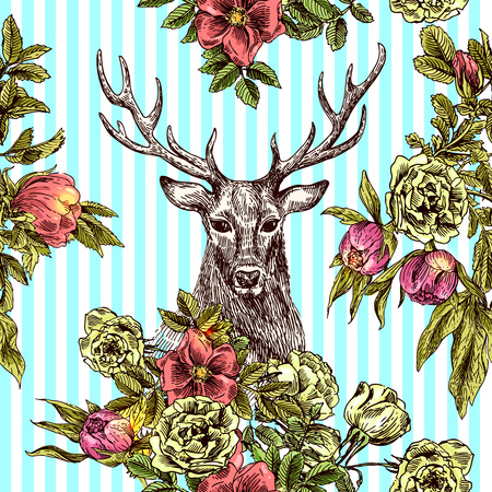 Boho Style hand drawn seamless patternr with deer and flowers.のイラスト素材