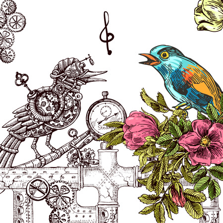 Beautiful hand drawn vector  illustration bird and mechanical bird. Boho style drawing. Use for t-shirts, print, poster, postcard, wedding invitations.のイラスト素材