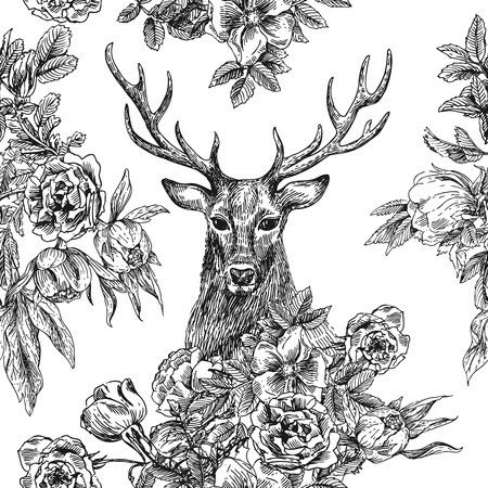 Boho Style hand drawn seamless patternr with deer and flowers.  Vector illustration. Use for t-shirt prints, posters,  wedding, postcards.のイラスト素材