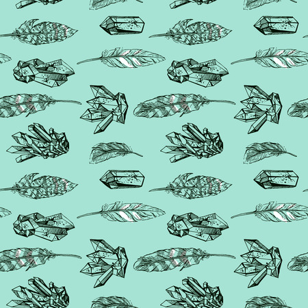 Beautiful hand drawn vector illustration sketching of crystals and feathers. Boho style seamless pattern. Use for postcards, print for t-shirts, posters, wedding invitation, tissue, linensのイラスト素材