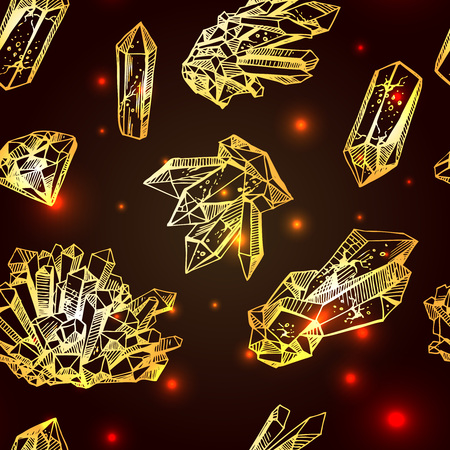 Beautiful hand drawn vector illustration sketching of golden crystals. Boho style seamless pattern. Use for postcards, print for t-shirts, posters, wedding invitation, tissue, linensのイラスト素材
