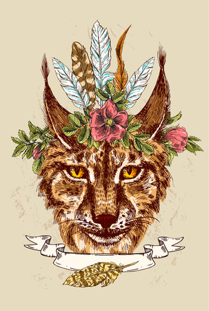 Beautiful hand drawn vector illustration sketching of lynx. Boho style drawing. Use for postcards, print for t-shirts, posters.のイラスト素材